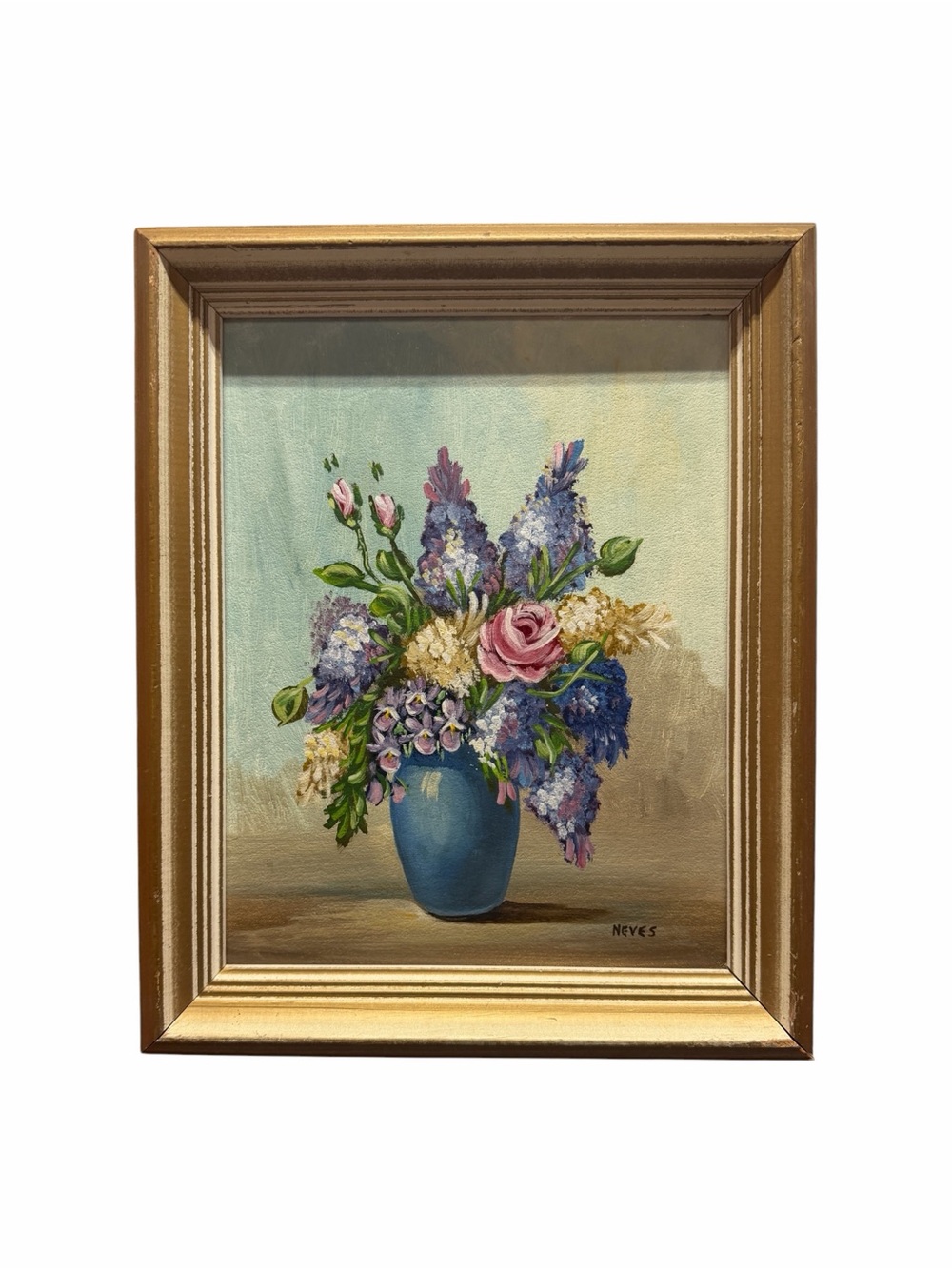 Vintage Floral Still Life Oil Painting Signed NEVES Gold Wood Frame Lilacs 1973